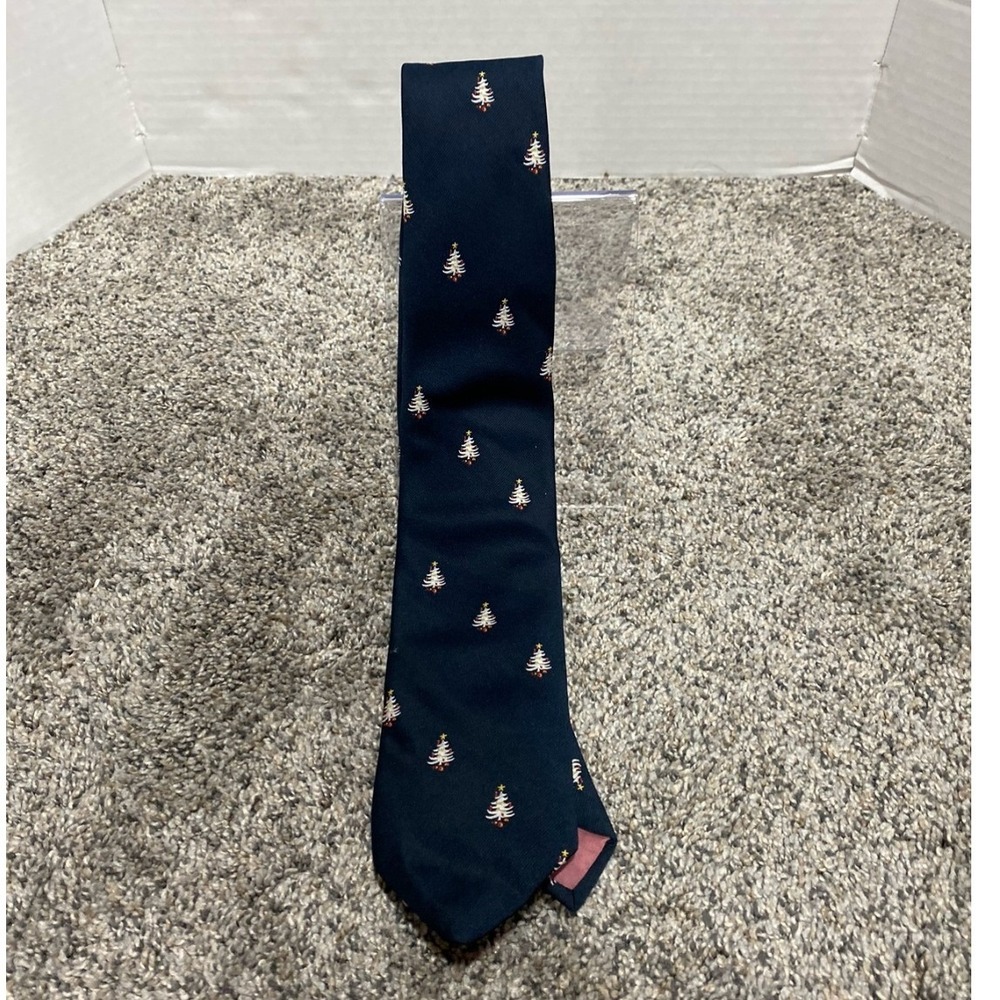 Gimbels Necktie Mens Christmas Tree Embroidered Navy Blue OS Excellent